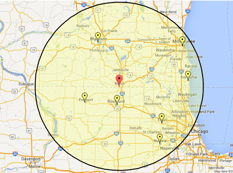 We serve a 75 mile radius from Beloit, Wisconsin